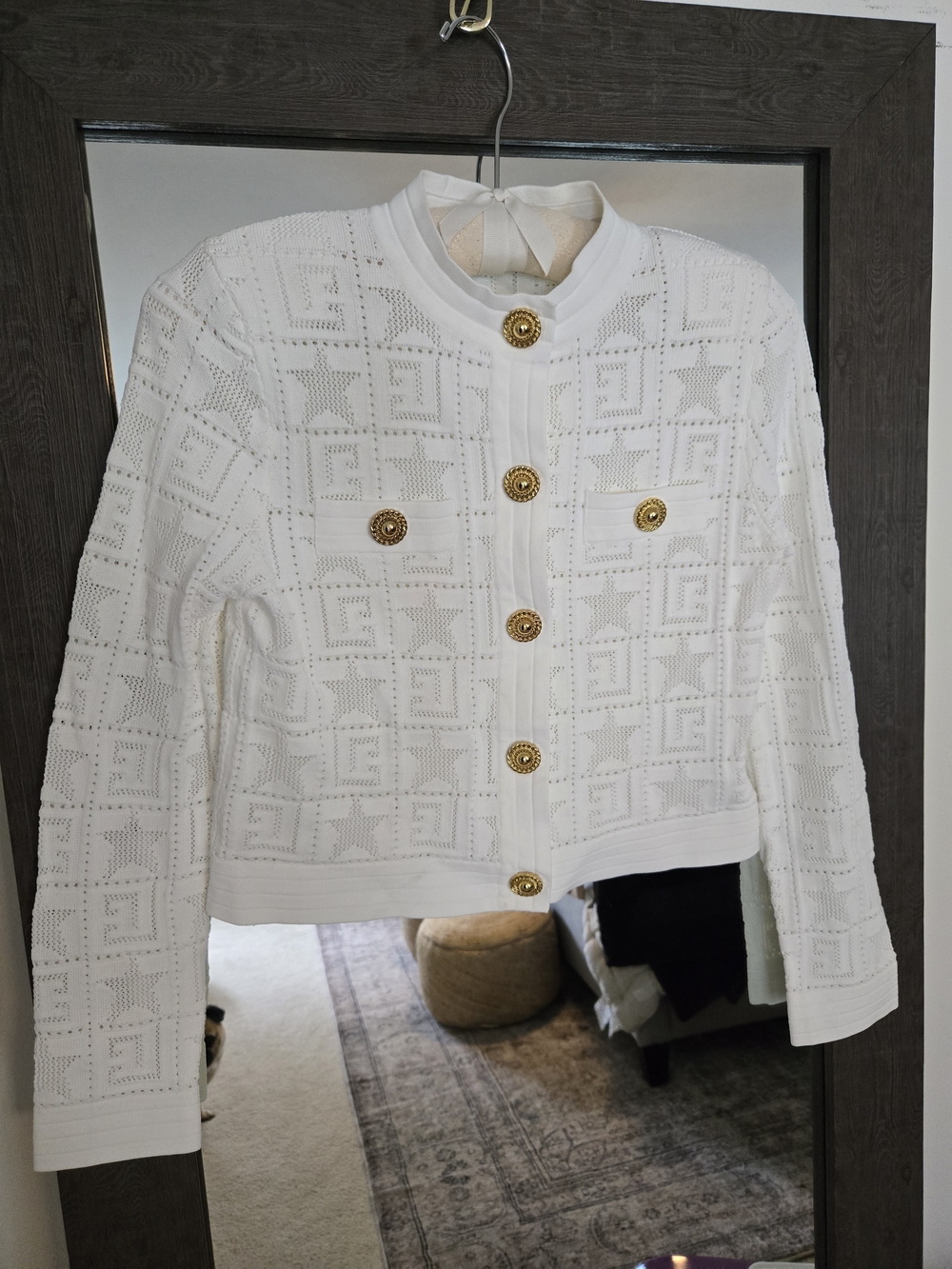 Balmain Paris White Monogram Knit Cardigan Jacket Gold Buttons Size L